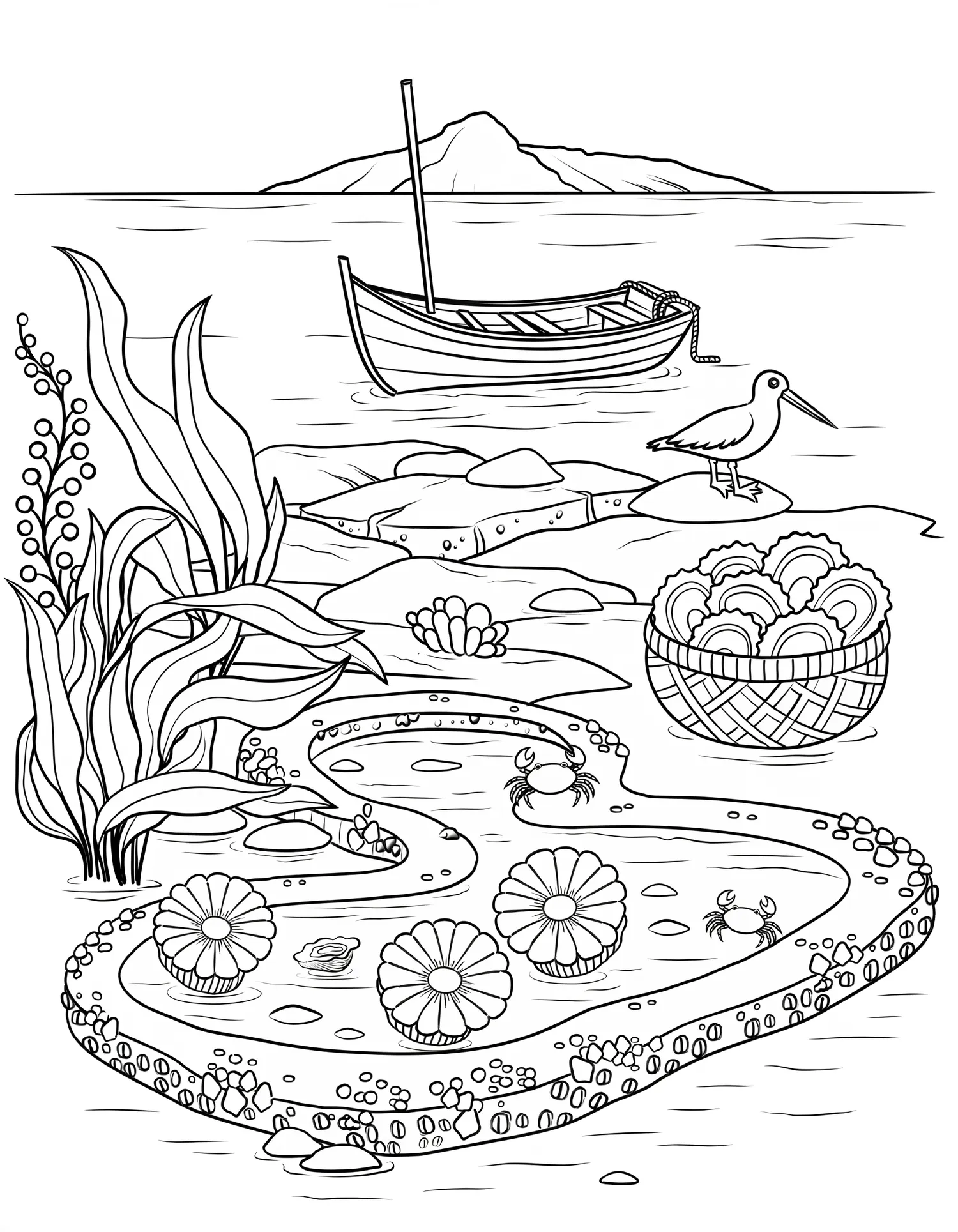 Marée Basse Atlantique avec Flaques — Coloriage paysage à imprimer gratuitement